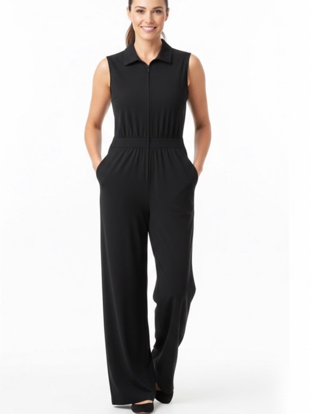 Athleta black sleeveless collared zip front wide leg jumpsuit pantsuit